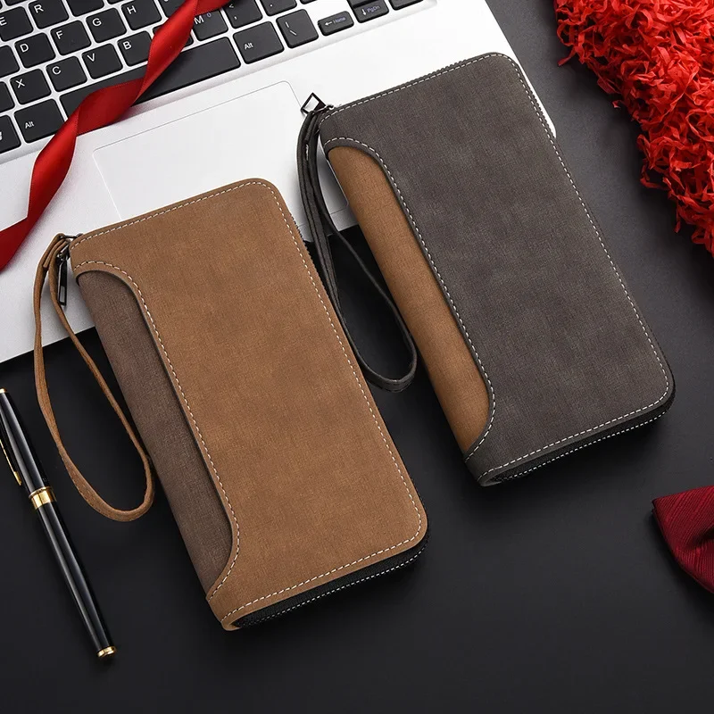 

Men's Long Wallet Men's Hand-held Bag Zipper Frosted Texture Multifunctional Fashionable Change Card Bag Mobile Phone Bag