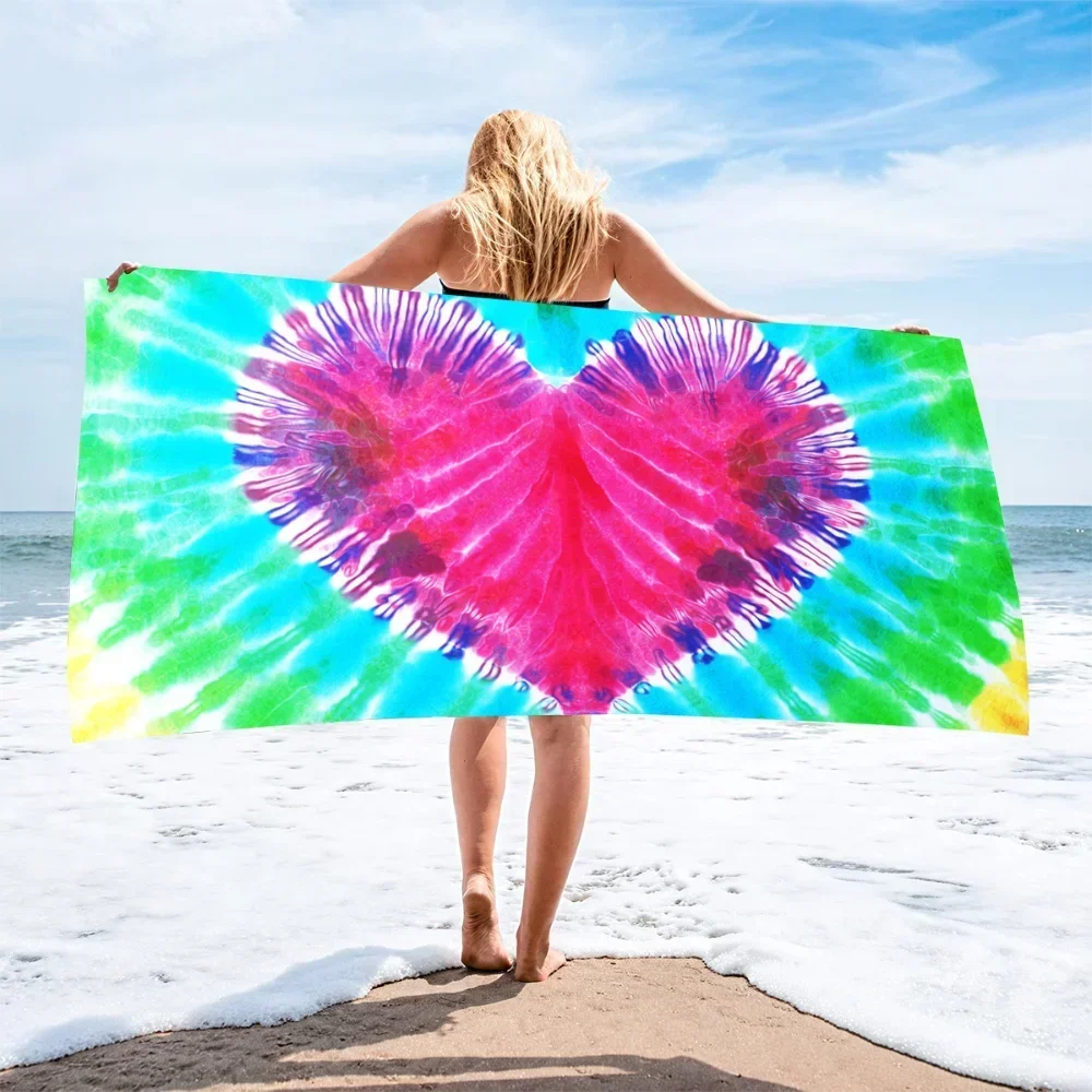 70*140cm New Beach Towel Tie-Dye Heart Printed Sand Free Quick Drying Beach Towel Holiday Absorbent Bath Towel for Travels
