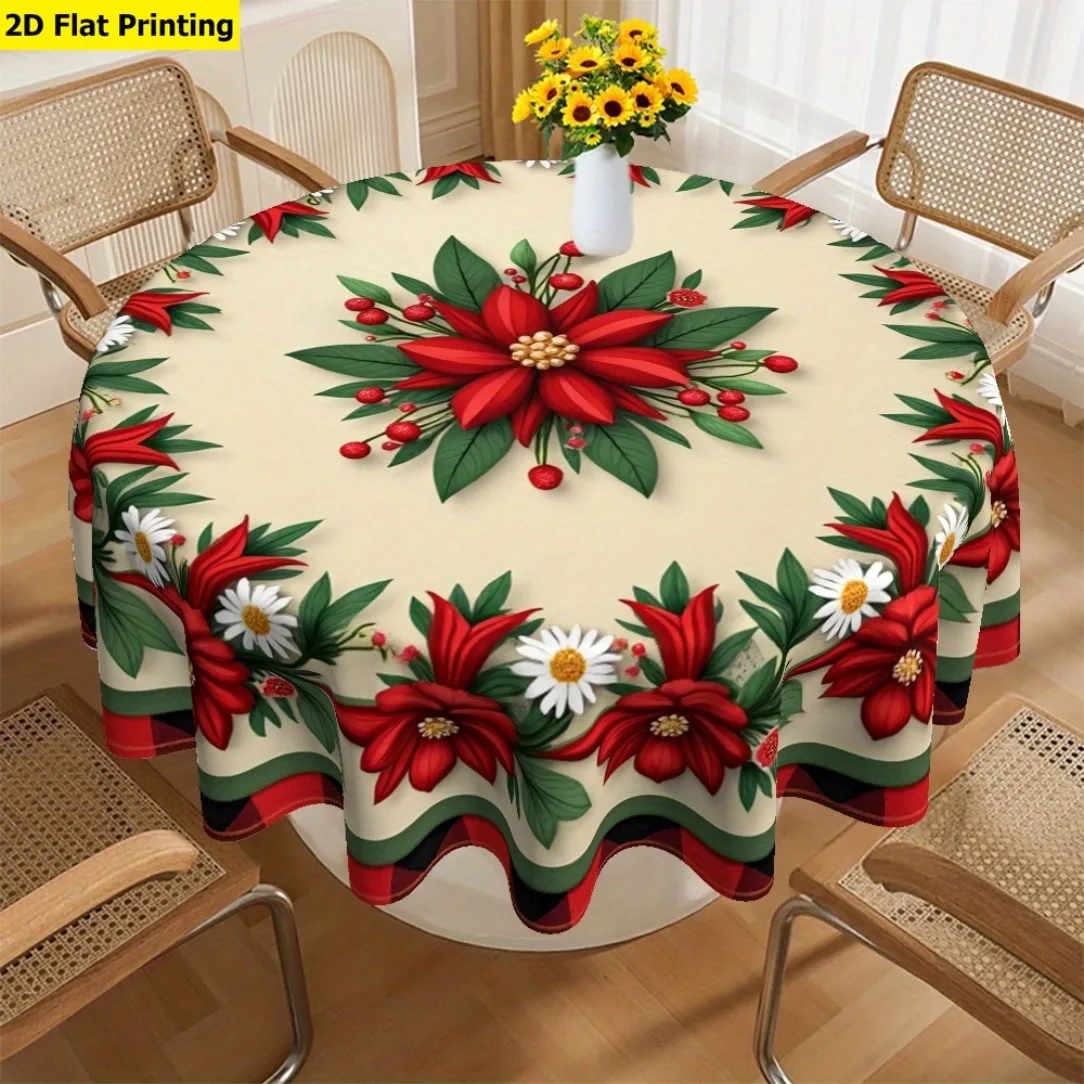 2D Flat Tableloth Christmas Theme, 1 Piece, Round Tablecloth, Christmas Theme with Christmas Flowers and Daisies,