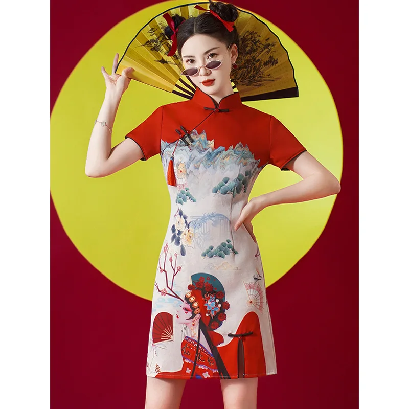 Chinese Style Cheongsam A-line Dress Women Short Sleeve Qipao Traditional Chinese Clothes