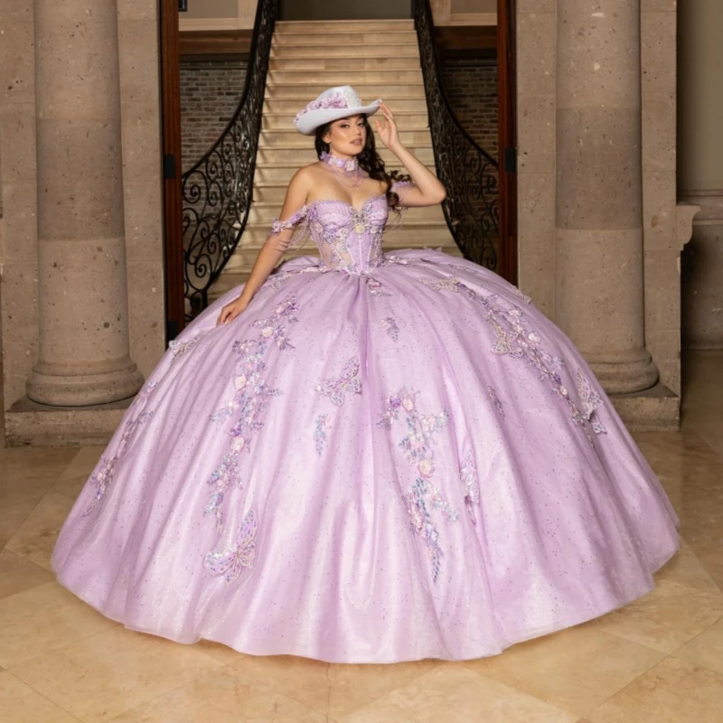 

Light Lilac Shiny Quinceanera Dresses Ball Gown Off The Shoulder Applique Lace Beading Crystal Corset Tull Party Birthday Sweet