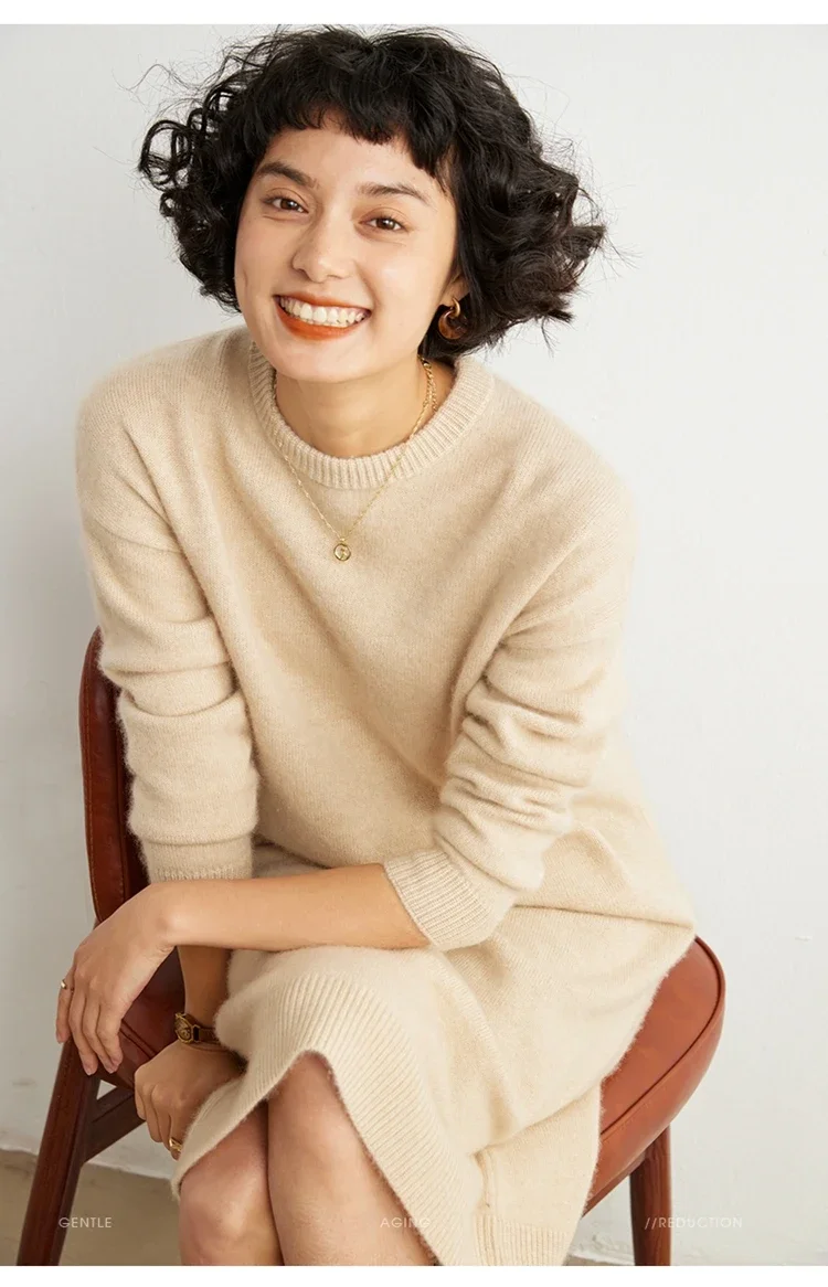 Women's Simple Loose Mid-Length Over-the-Knee Cashmere Sweater Thickened round Neck Knitwear Base for Autumn Winter