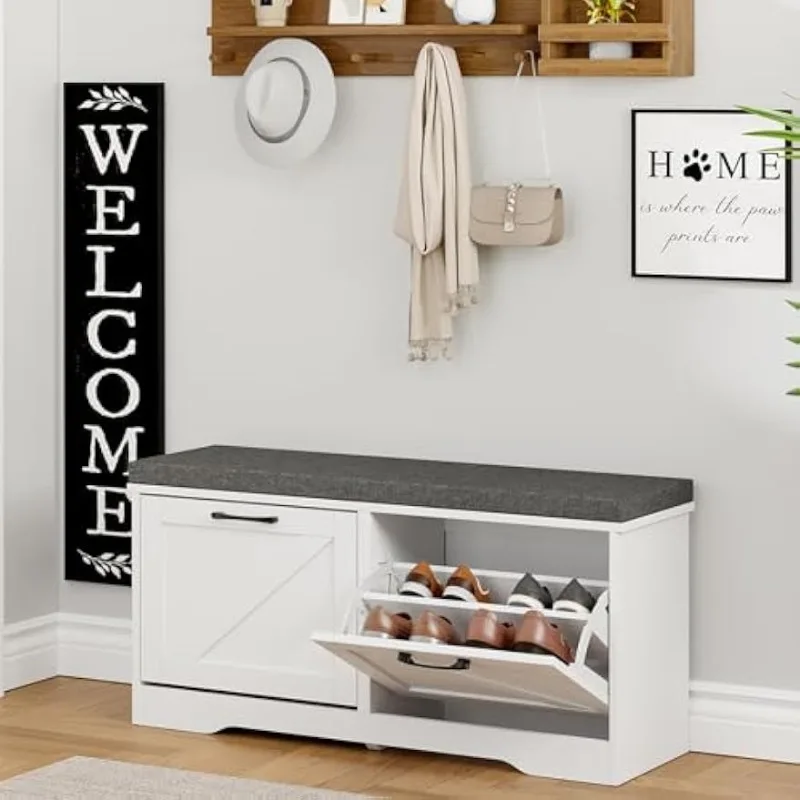 

Shoe Storage Bench with 2 Flip Drawers Padded Seat Cushion, White Shoe Cabinet Storage13.8" D x 39.4" W x 18.9" H