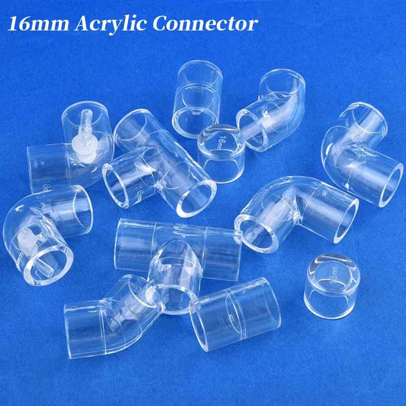 16mm Clear Acrylic Pipe Aquarium Fish Tank 90° Elbow Tee End Plug Connector Plexiglass Water Supply Tube Fittings DIY Connector