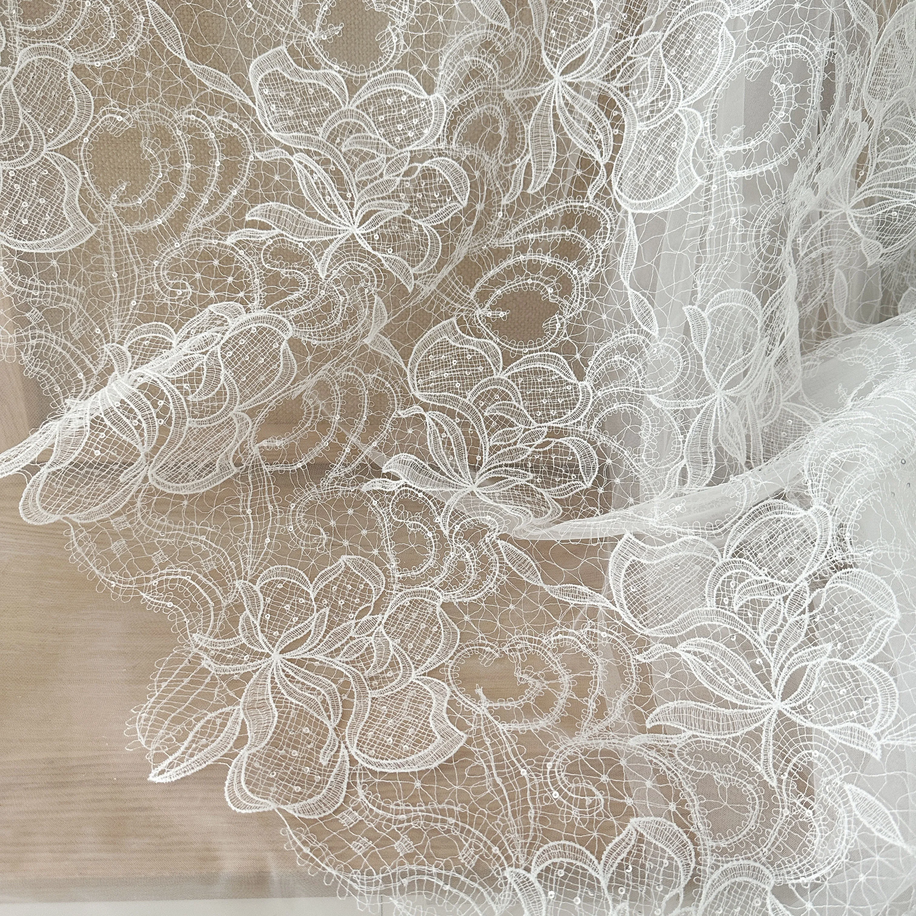 1 Yard Ivory Exquisite Alencon Lace Fabric with Sequins Crochet Floral Embroidery Fabric for Wedding Gown, Lace Caps