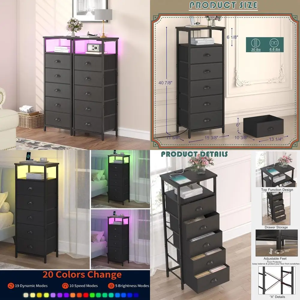 

Черная прикроватная тумбочка со светодиодной подсветкой, зарядной станцией и 5 тканевыми ящиками, двухуровневое хранилище для спальни