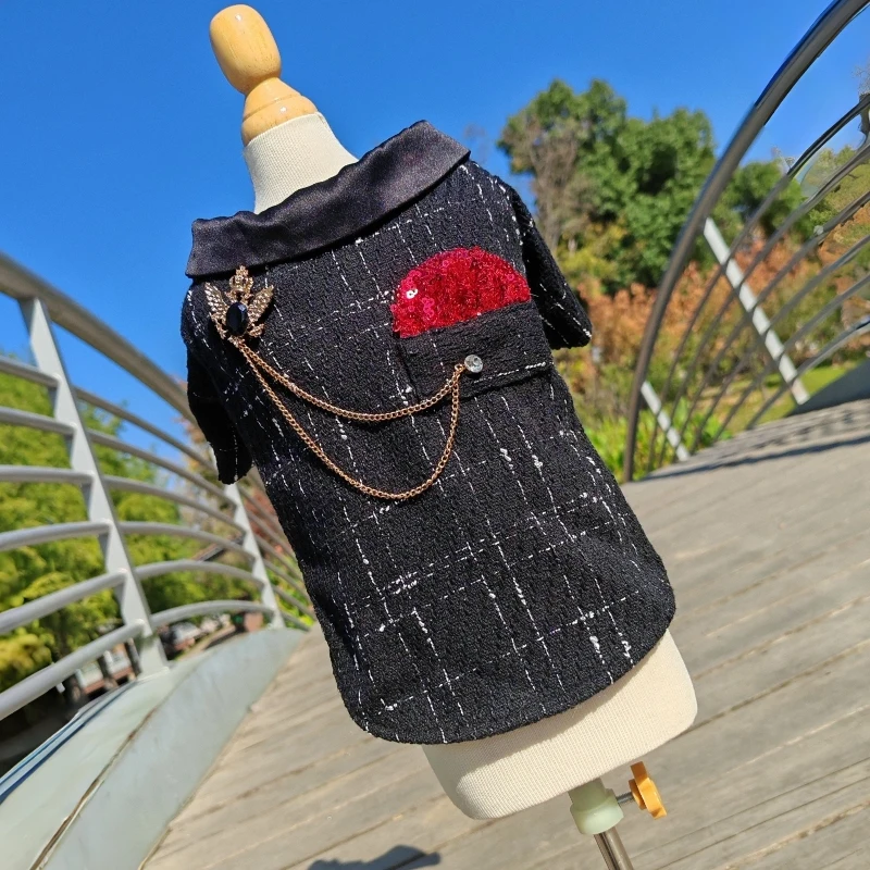 Handmade Black Checkered British Style Dog Clothes Two-Piece Set Cool Jacket And Tailored Skirt for Dogs Pet Supplies