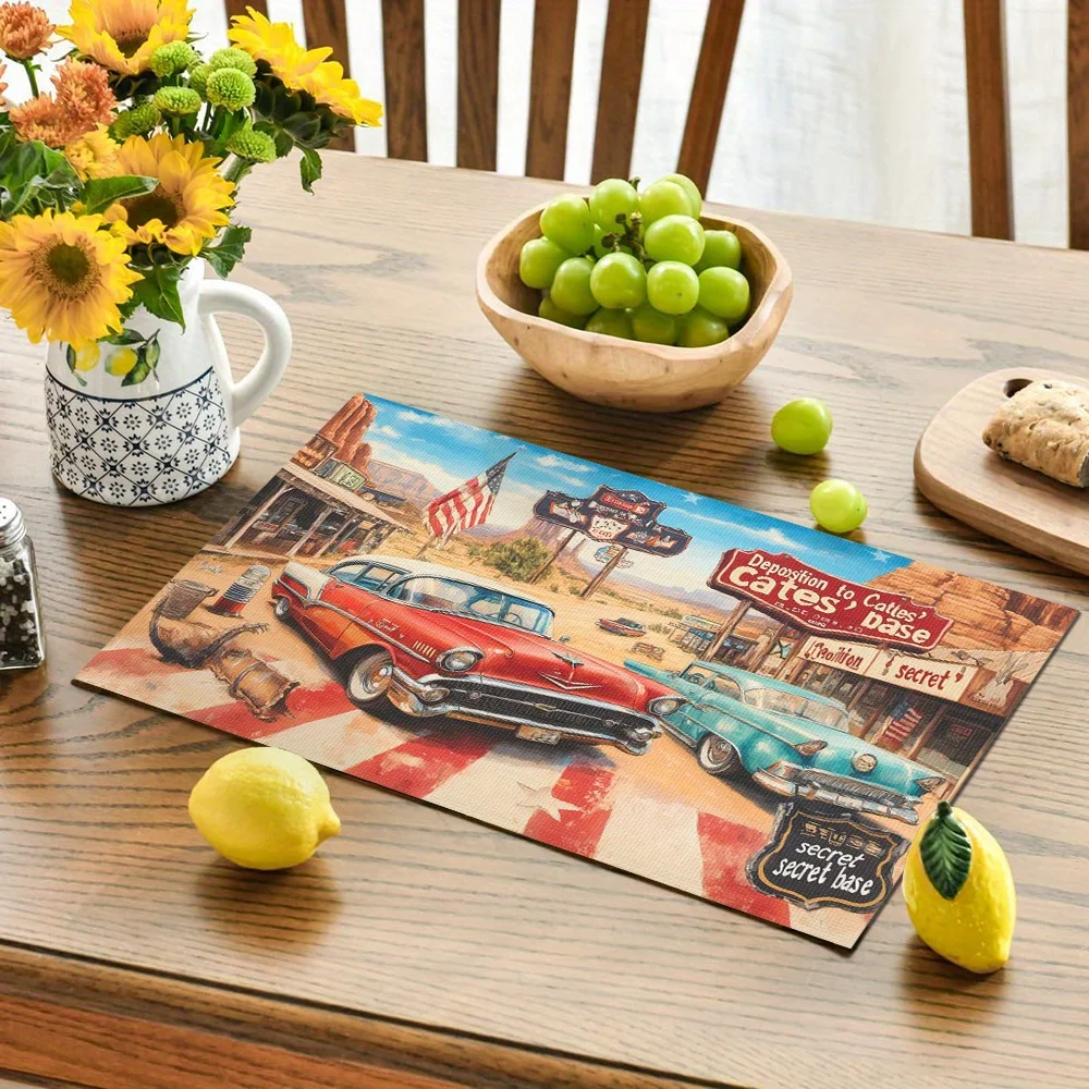 Vintage Route 66 Classic Cars Desert American Flag Heat Resistant Washable Table Placemats Kitchen Dining Decor 4 Piece Set