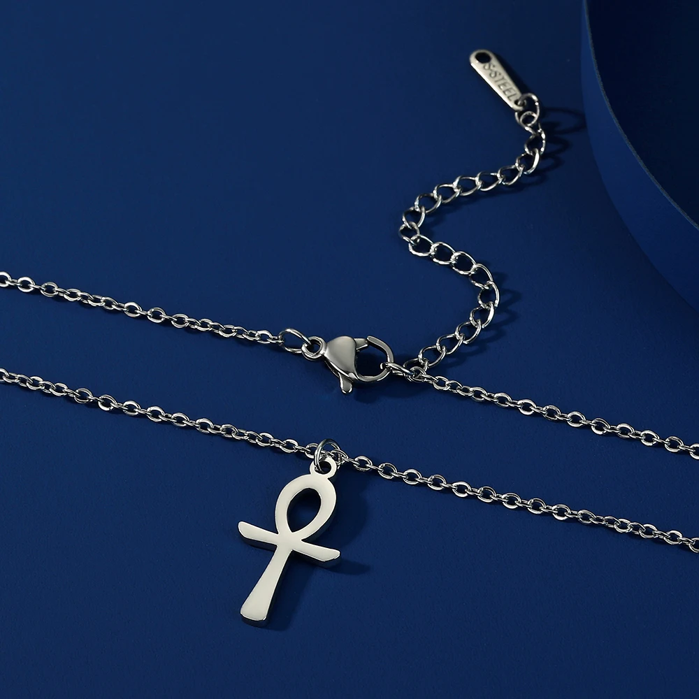 Dawapara Ankh Necklace Egypt Coptic Cross Charm Double Layer Snake Chain Stainless Steel Women Necklace Amulet Religious