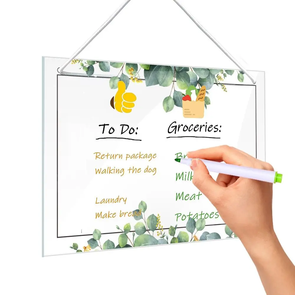 Transparent Message Board Acrylic Monthly Weekly Note Board Green Leaves Pattern Wall Hanging Erasable Whiteboard