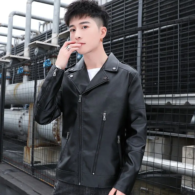 

Мужская осенняя байкерская куртка из искусственной кожи, облегающее пальто с лацканами из искусственной воловьей кожи, модная верхняя одежда в корейском стиле