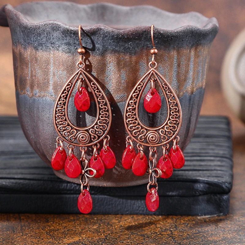 Vintage Bohemian Tassel Water Drop Earrings for Women Lady Bronze Color Hollow Dangle Earring Ethnic Female Jewelry