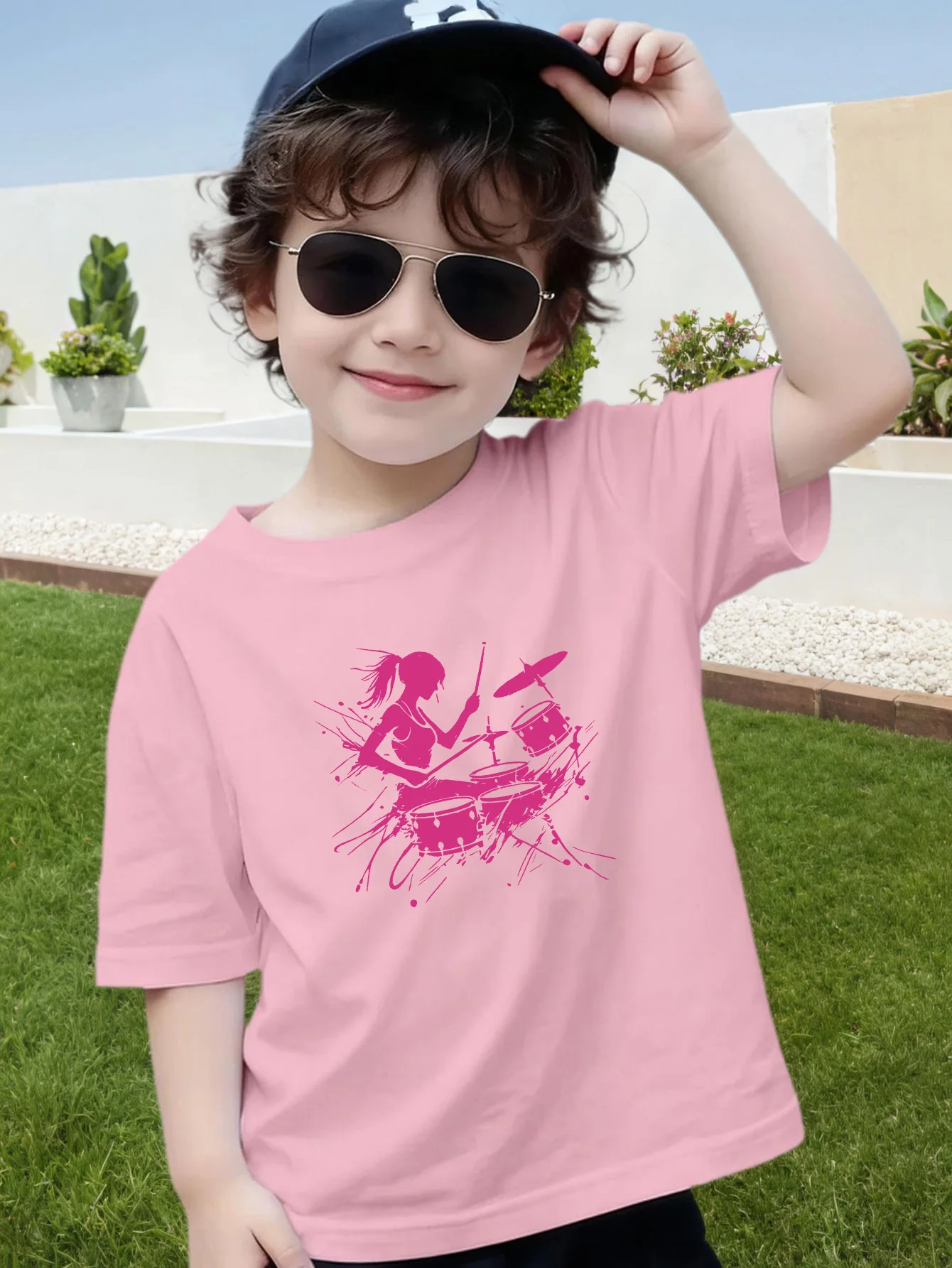 Pink Ink Splash Girl Drummer Graphic Print Boys Girls Family Matching Cotton Short Sleeve Crew Neck Soft Summer Kids Casual Tees