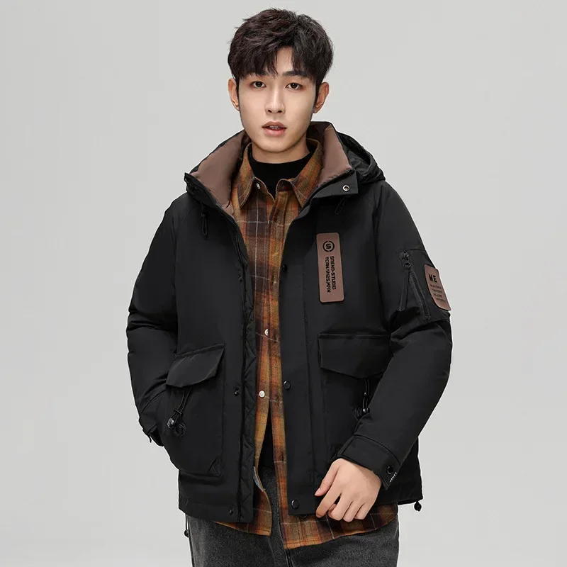 Winter Men's Mountain Climbing Outdoor Workwear Down Jacket Multi-Pocket Cropped Hooded Casual Loose Fit Sporty