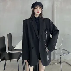 2023 Women Fashion Double Breasted Loose Blazer Korean High Street Long Sleeve Suit Jacket Black Notched Collar Ladies Outerwear