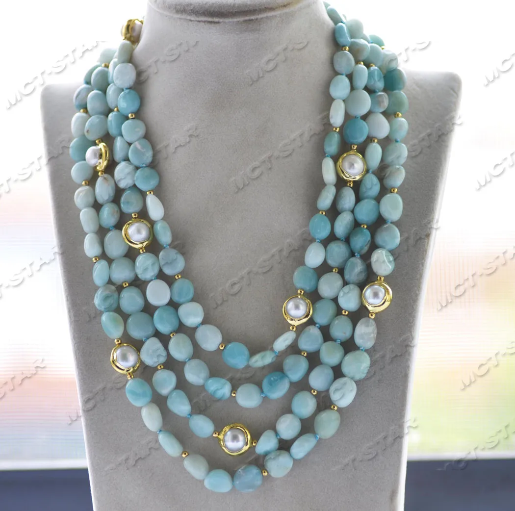 

Z12075 4Strands 19" 15mm Gold-Plated White Pearl Blue Aquamarine Necklace