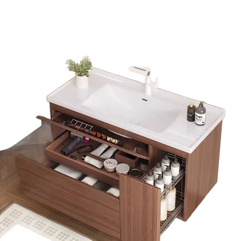 Japanese-style walnut storage simple bathroom cabinet integrated combination drawer toilet pull basket wash washbasin