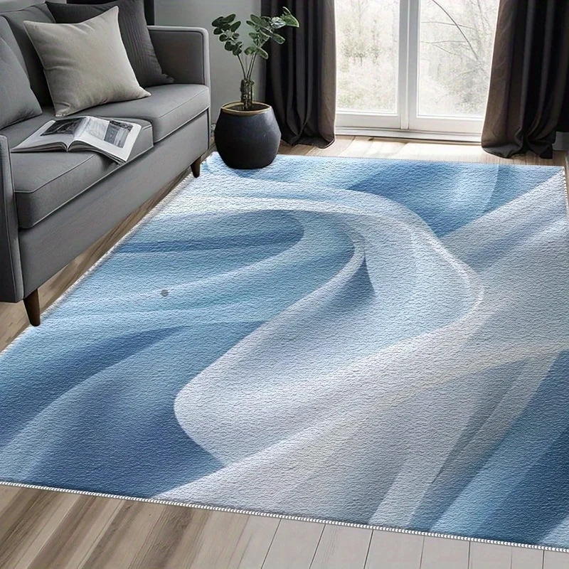 1‑Piece Light‑Blue Rug with White Wave Pattern, Easy‑to‑Clean Portable Floor Mat for Summer & Autumn, Suitable for Bedroom