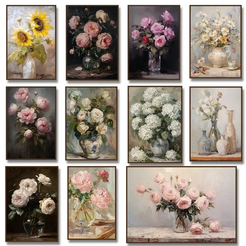 Vintage Kitchen Still Life Canvas Painting Moody Flower Daisies Roses in A Vase Poster Wall Art Botanical Room Home Decor