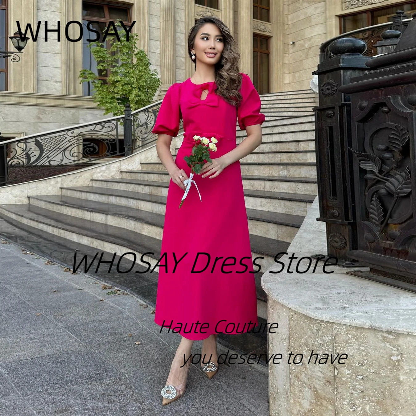 

WHOSAY Satin Prom Dresses Short Sleeves Bows O-Neck Bridesmaid Dress for Weddings Ankle Length Evening Party Homecoming Gowns