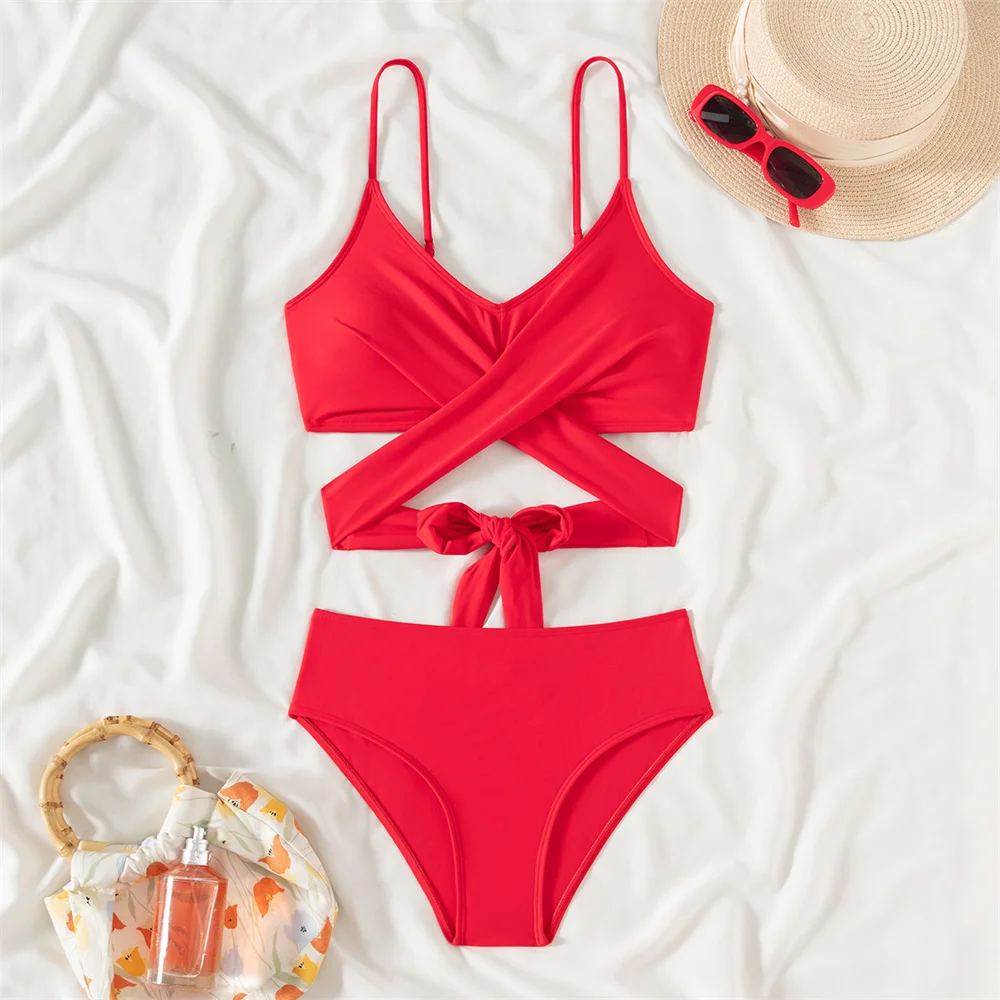 여성용 솔리드 슬링 비키니 크로스 붕대 푸시업 수영복, Y2K 휴가 수영복, 비치 의상, 마이크로 탱가스 비퀴니