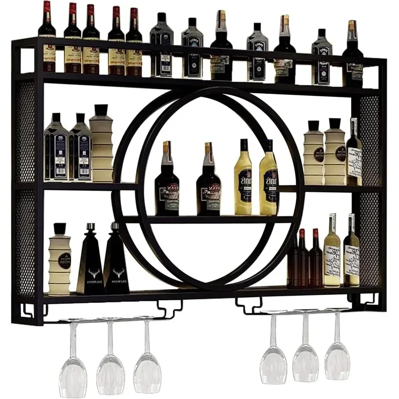 Modern Wine Storage Rack Wall Mounted with LED Light with Wine Glass Holder,Iron Bar Liquor Shelf,Floating Wall Wine Shelves