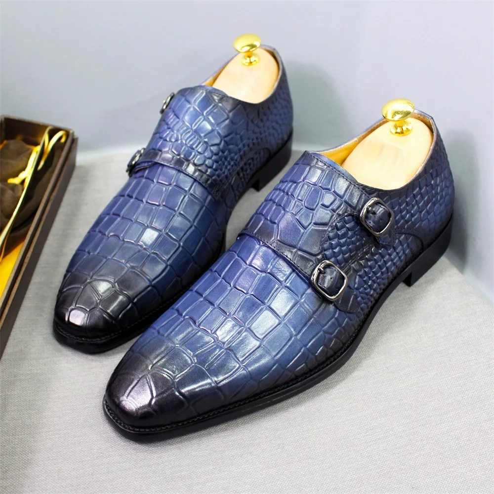 Fashion Italian Handmade Genuine Business Double Button Crocodile Pattern Cover Feet Formal Leather Suede Men Casual Shoes Men's