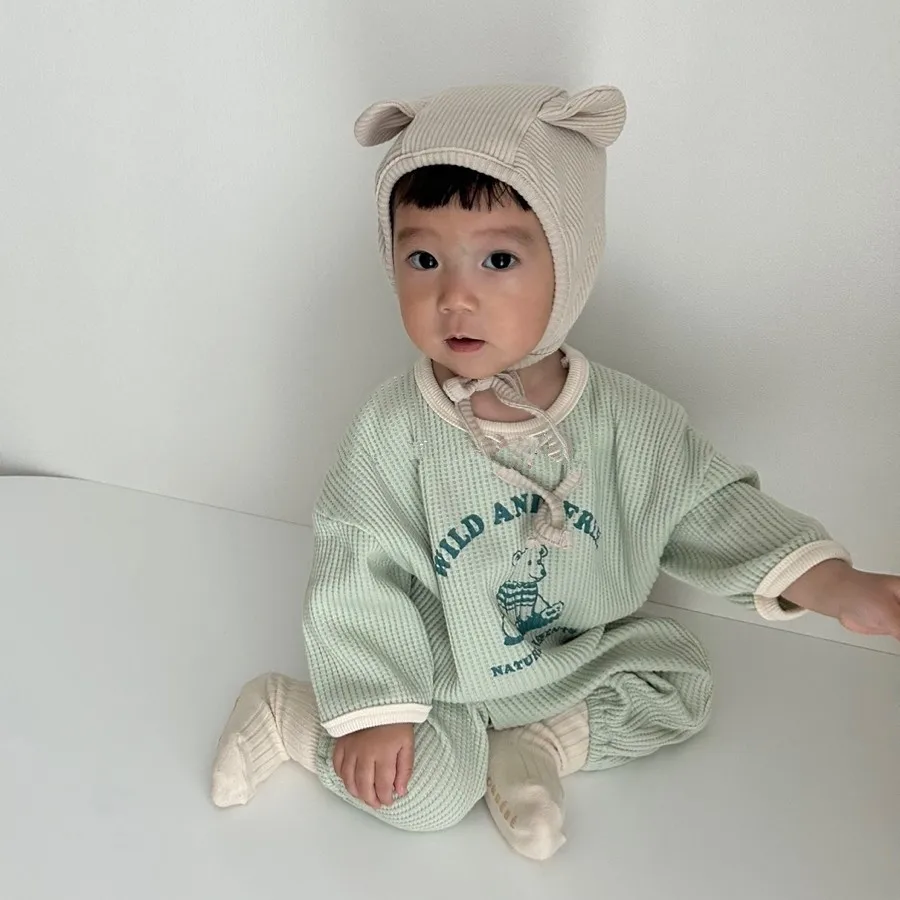 Korean Children\'s Wear Children\'s Bear Suit Spring and Autumn Baby Cute Cartoon Waffle Sweater Leggings Casual Suit