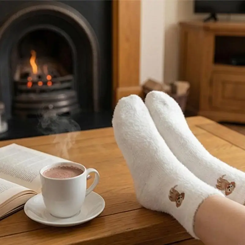  Fleece Ankle Socks Feature Cartoon Animals for Girl Women Thick for Cold Weather Comfortable