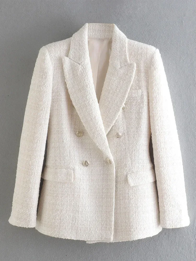 Blazer de Tweed de peito duplo feminino, jaqueta vintage, casaco manga comprida, casacos femininos, blusa chique, moda Traf, primavera, 2022