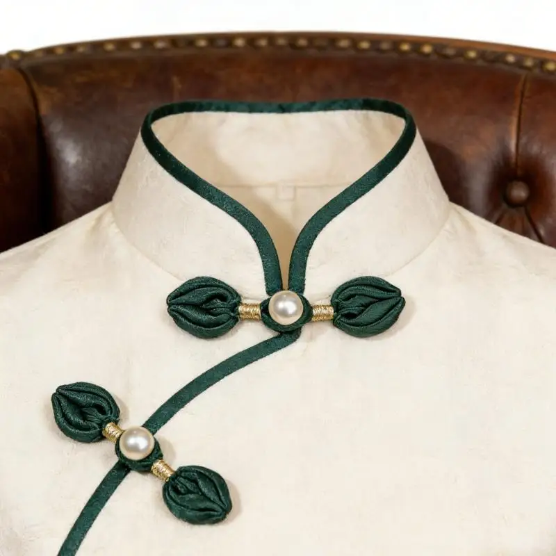 QX2E 5Pcs Pearls Embellished Cheongsam Button Chinese Knot Button Closure For Garment Making Dress Cloaks Coat Decoration