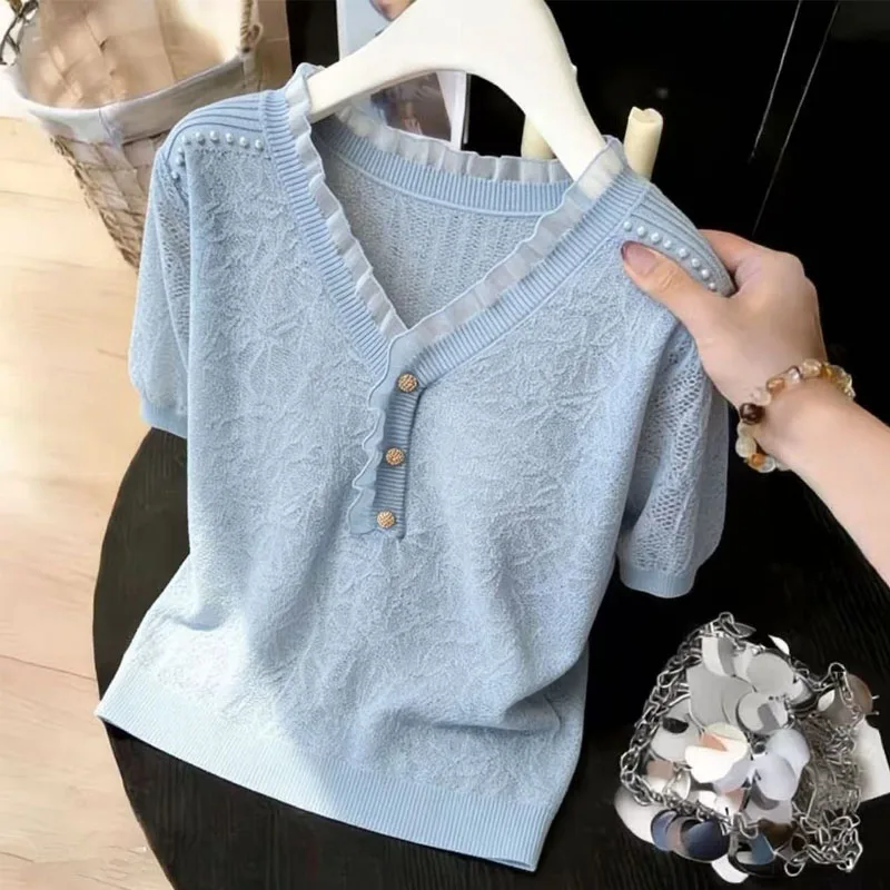 

Knitwears Knitted Sweater Women Pullovers New Summer Short Sleeve Beading Knit Sweater Pullover Women Tops V-Neck Sweaters Q3766
