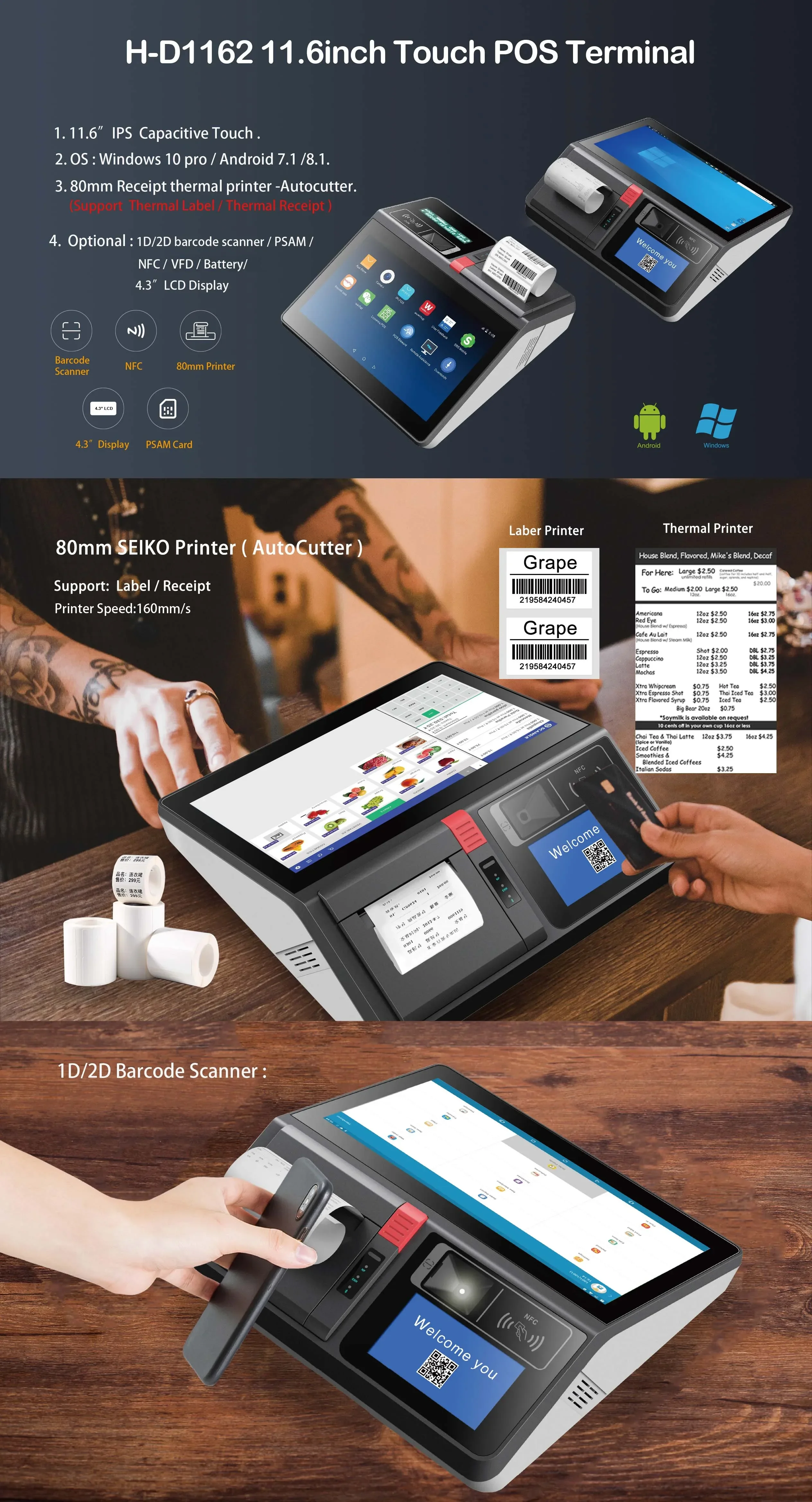 Windows 10 11.6 inch Touch Screen Pos Terminal Retail Shop Mini Desktop All in One POS Android Order Tablet Pos with NFC Reader