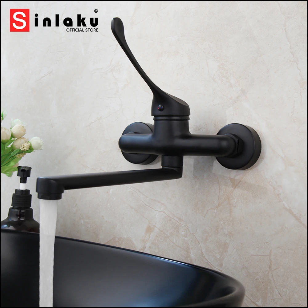 

SINLAKU Bathroom Basin Medical Faucet Matte Black Single Lever Faucets Hot and Cold Water Mixer Stream Wall Mounted Tap