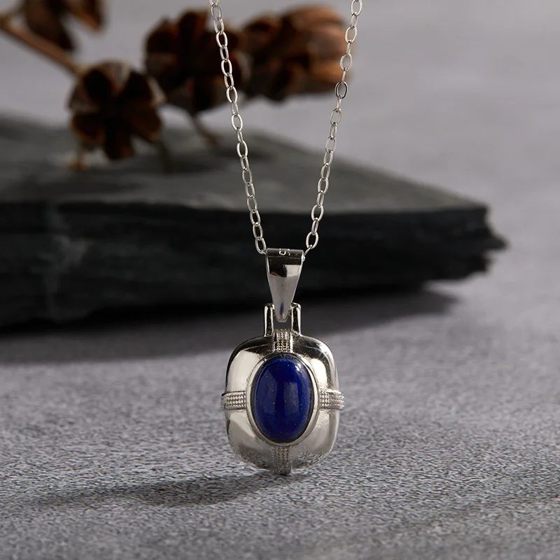 

S925Pure Silver Natural Lapis Lazuli Gemstone Necklace for Women Fashion Versatile White Gold Pendant Niche Light Luxury Collarb
