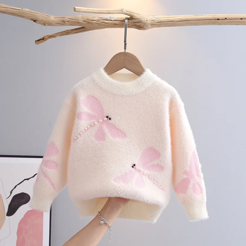 Nice Children\'s Sweater Autumn Winter 2023 Baby Dragonfly Pattern Pullover Bottoming Shirt Girls Preppy Style Sweaters GY09221