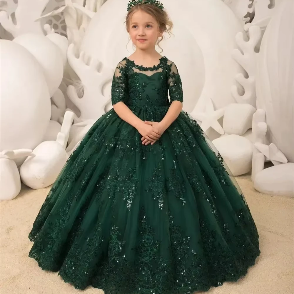 Customized Sequin Lace Flower Girl Dress for Kids Princess Gown for Wedding Birthday Party Pageant Special Occasion Dresses