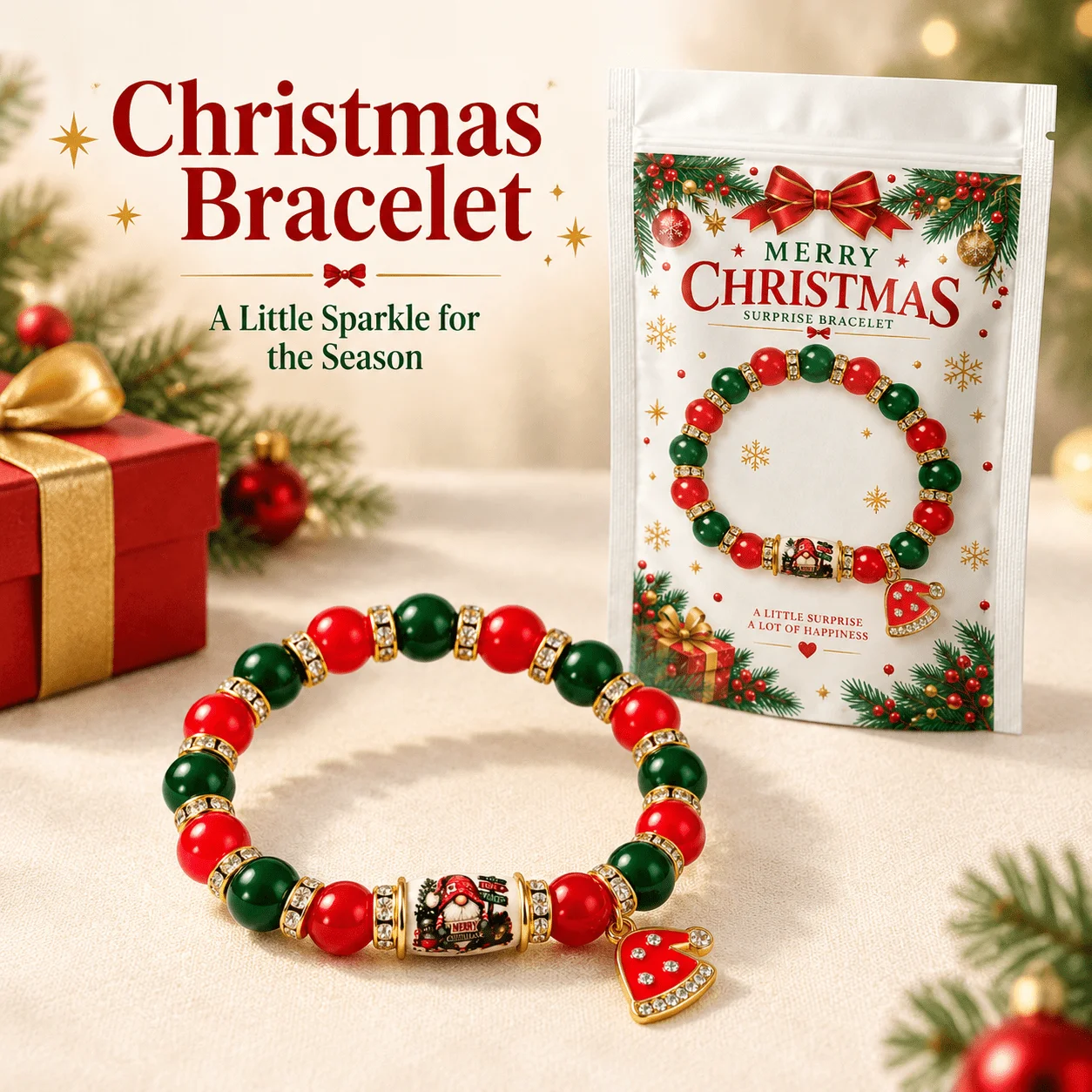 MIRGREE Christmas Stocking Charm Bracelet, Red Green Beaded Stretch Jewelry, Holiday Gift, Stocking Stuffer, Secret Santa Gift
