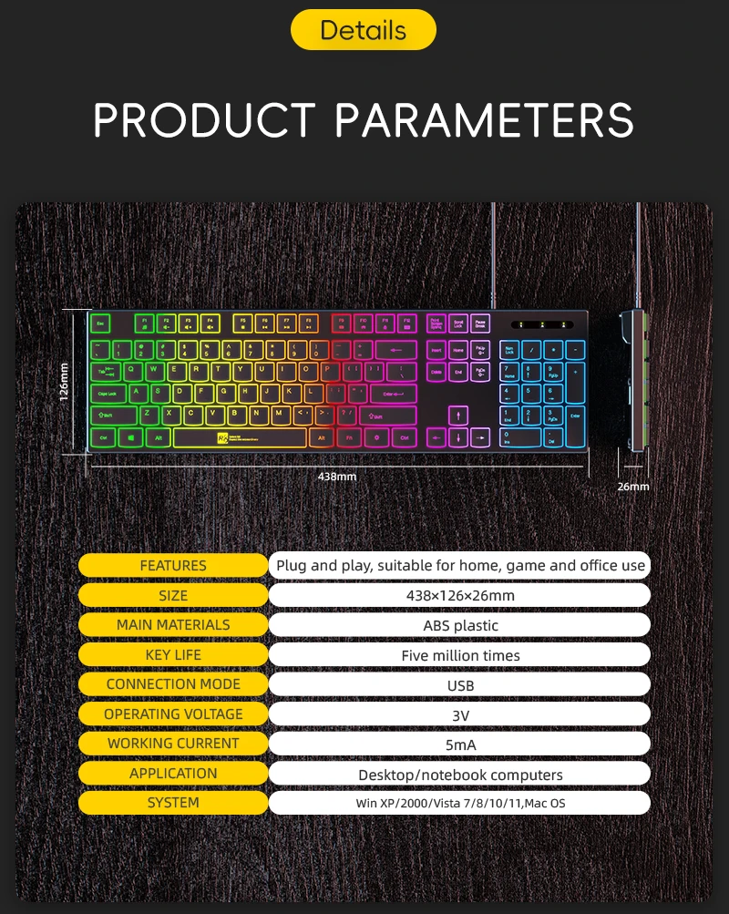 لوحة مفاتيح RGB ملونة بإضاءة خلفية رفيعة للغاية وهادئة 104 مفاتيح صغيرة للوسائط المتعددة كتم لوحة مفاتيح USB بيئة العمل لأجهزة الكمبيوتر المحمول باللغة الإنجليزية