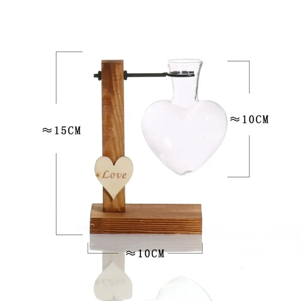 Love Heart Glass Hydroponic Flower Vase Terrarium Container w/Wooden Stand