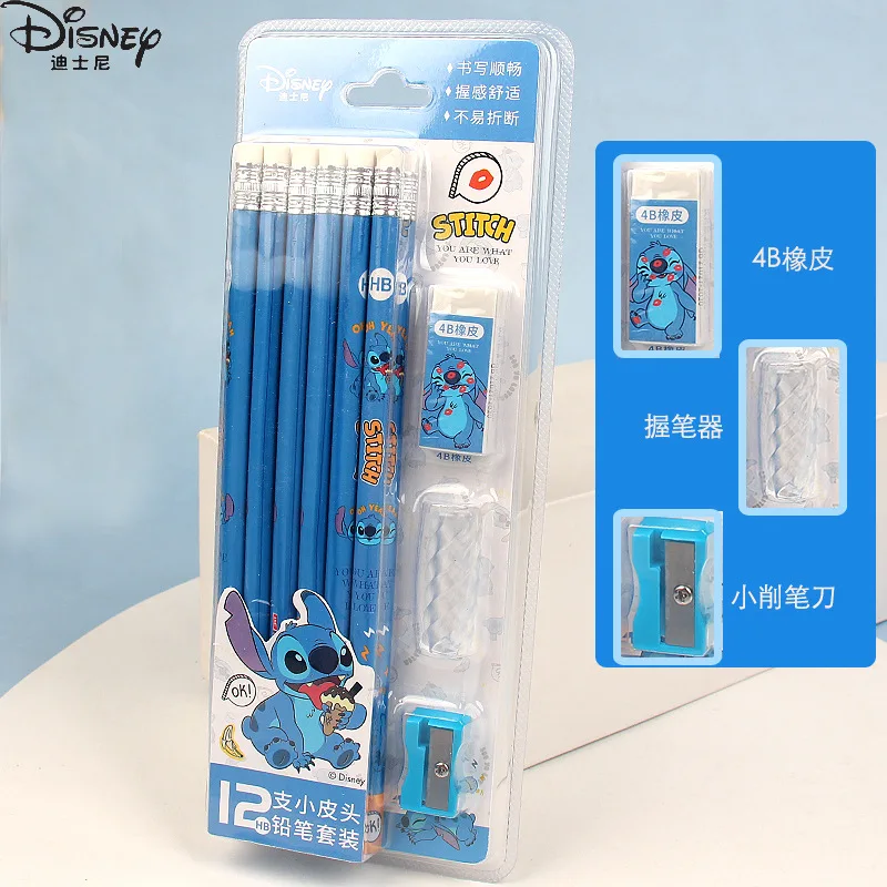 Perlengkapan sekolah anak-anak, krayon kartun Anime Disney Stitch pensil dengan karet rautan pensil kayu Hb hadiah ulang tahun