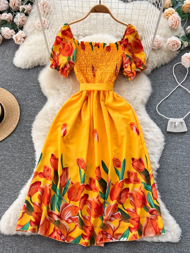 YuooMuoo Limited Big Sales Women Dress Vintage Print Flowers Sash Bandage Long Summer Dress Elegant Y2K Korean Party Vestido