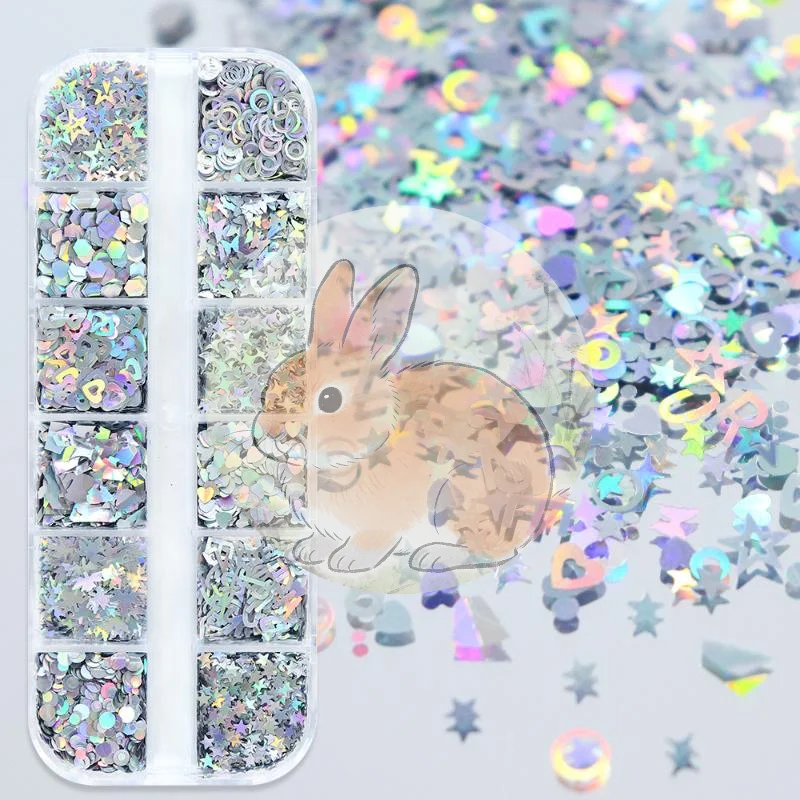 *1BOX 12 Grids Nail Enhancement Silver Star Love Patterns Laser Nail Glitter Flash Nail Decoration Nail Charm DIY Manicure Tool