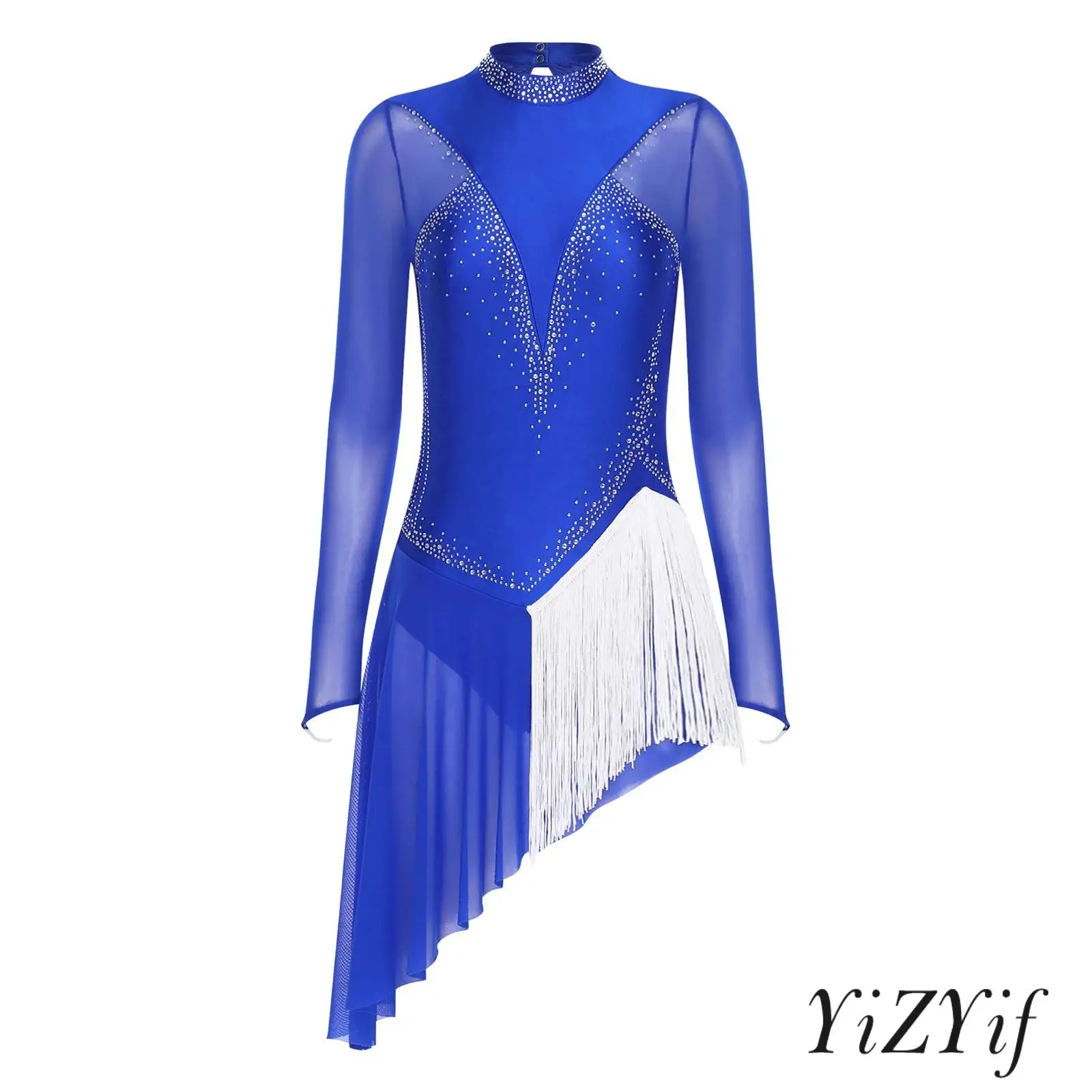 

Womens Lyrical Dance Dress Long Sleeve Glittery Rhinestone Backless Irregular Leotard Bodysuit Dress for Dance Figure Skating