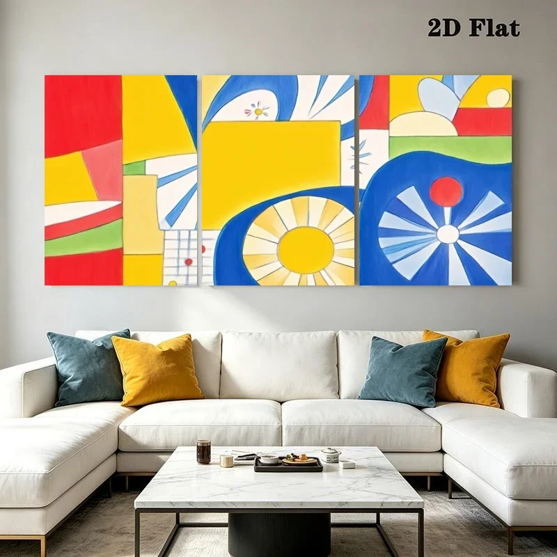 2D Flat, 2D Flat, 3pcs Modern Abstract Geometric Collage Wall Art Prints, Sun And Radiant Lines, Frameless Art Prints for Liv