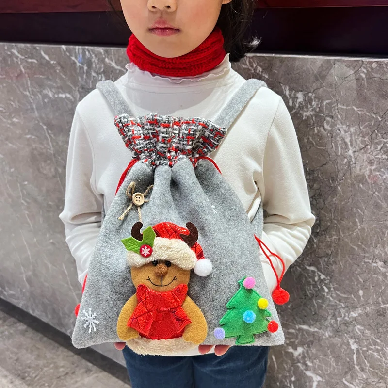 Mochila infantil de Papai Noel, bolso portátil com cordão, bolsa de maçã de Natal, presente de feriado, meninos e meninas