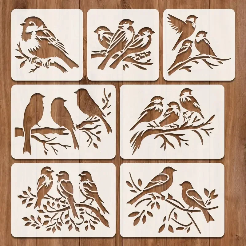 Conjunto de Estênceis Vazados com Padrão de 7 Pássaros, Dois Tamanhos: 4 Polegadas (10,16 cm), 5,8 Polegadas (14,8 cm); Pode Ser Usado Repetidamente, Adequado para Wo