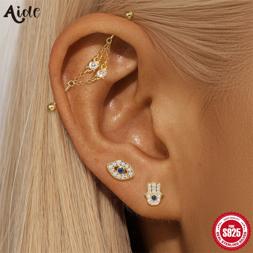 Aide 925 Sterling Silver Hamsa Hand Evil Eye CZ Cartilage Studs Piercing Earrings Lucky Protection Stackable  Jewelry for Women
