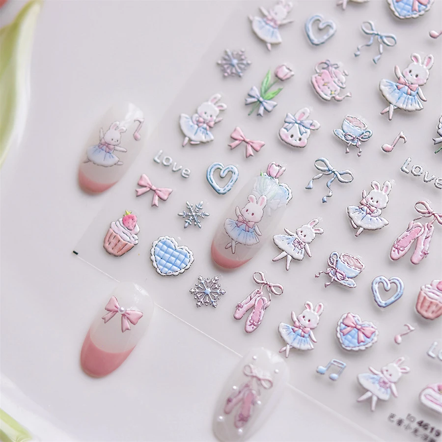 Rabbit Bunny Snowflake Tulip Flower Cup Bowknot Ballet Shoes Love Heart Strawberry Cake Adhesive Nail Art Sticker Manicure Decal