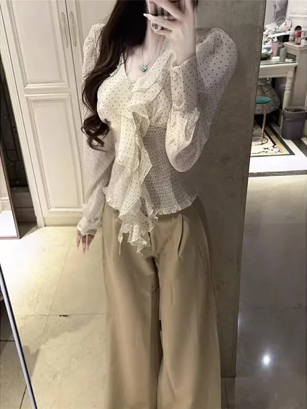

Spring 2026 Women's plus Size Long Sleeve V-Neck Polka Dot Chiffon Top Waist-Cinching Korean Style Pure Desire Trendy Blouse